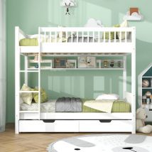 Roomfitters - Lit Superposé pour Enfants, Échelle à 3 Marches, Échelle Montable à Gauche ou Droite, Garde-Corps de Sécurité, Étagères et Tiroirs mdf,