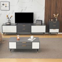 Meuble tv spécial de 1,5 m en brun gris avec 2 portes coulissantes, 9 espaces de rangement, y compris 2 tiroirs et éclairage led - Roomfitters