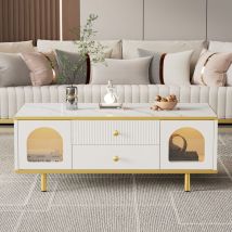 Roomfitters - Table basse moderne haute brillance avec éclairage led, luxueuse, avec tiroir, table basse, table de salon, plateau de table avec motif