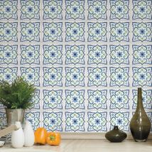 Carreaux de ciment - Carrelage mural faïence adhésive carreaux de ciment bleu-blanc - 4 fois 25x25cm