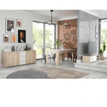 Pilvi ensemble Meuble TV Buffet & Table a manger - Blanc mat et chene sonoma