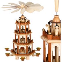 Spielwerk - Authentic German Christmas Pyramid xl Classic 4-Tier Rotating Design Handcrafted Real Wood Windmill Decoration Brown