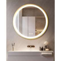 Luvodi - 60cm Specchio Bagno Led Luce Rotondo Con Cornice Alluminio Dorato, Dimmerabile Luce, Antiappannamento, Interruttore Touch, Memoria