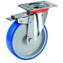 Roulette INOX pivotante à frein diamètre 125 mm roue polyuréthane BLEU-SOFT - 180 Kg