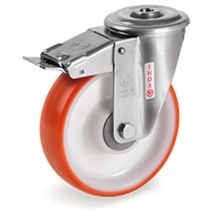 Roulette à oeil INOX pivotante à frein diamètre 80 mm roue polyuréthane rouge roulement à billes - 130 Kg