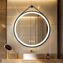 Luvodi - Round Black Framed Bathroom Mirrors with Microfiber Leather Hanging Strap - 80cm