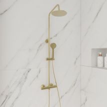 Round Brushed Brass Thermostatic Shower Kit with Fixed Head and Handset