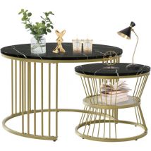 Round Coffee Tables, Removable Set of 2 End Table, Nesting Tables with Gold Metal Frame Legs and Marble Pattern Top for Living Room, Bedroom, Office,