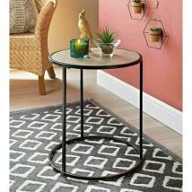 Dylex - Round Tea Table Sofa End Side Oak Finish Black Metal Table Living Room Furniture