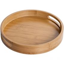 Round Wooden Serving Tray with Handles, Round Decorative Tray, Natural Bamboo, Decorative Tray for Cafe, Bar, Restaurant (Brown), 35x35x5cm