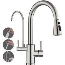 Rovogo – Mitigeur D'Évier De Cuisine 3 Voies – Eau Filtrée, Chaude Et Froide – Acier Inoxydable 304 Brossé – Douchette Extractible 3 Modes – Rotation 