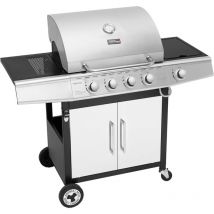 Barbecue a Gaz - 4+1 Brûleurs en Acier Inoxydable - Gril à Gaz de Puissance 14,5kW avec Tablettes et Thermomètre - 2 Roues Directionnelles - 2 Portes