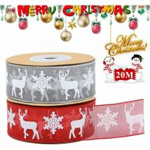 Ruban Organza Noel, 2 Rouleaux Ruban Satin Decoratif Rubans Cadeau de Noël Gris Rouge avec Flocon de Neige Élan, 20M/22 Yards Ruban Noel Tissus