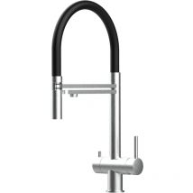 Vizio - Rubinetto 3 vie miscelatore lavello cucina in Acciaio inox Spazzolato - Canna nera movibile e doccia due getti staccabile - acciaio