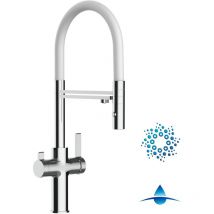 Vizio - Rubinetto 4 vie miscelatore cucina Cromato con canale separato per acqua filtrata, canna bianca movibile e doccia due getti staccabile