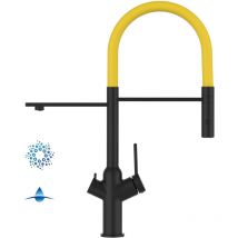 Rubinetto 4 vie miscelatore cucina Nero Opaco con canale separato per acqua filtrata, canna gialla movibile e doccia due getti staccabile - serie BOD