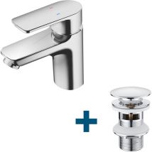Rubinetto per bagno, rubinetto per lavabo + set di scarico con troppopieno, miscelatore monocomando per bagno con salterello, cromato