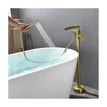 Oihpaw - Rubinetto Per Vasca Freestanding, Oro Spazzolato Rubinetto per Vasca da Terra Cascata Rubinetto Vasca da Bagno Freestanding con Doccetta