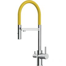 Vizio - Rubinetto 3 vie miscelatore cucina cromato con canale separato per acqua filtrata, canna gialla movibile e doccia due getti staccabile