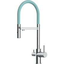 Vizio - Rubinetto 3 vie miscelatore cucina cromato con canale separato per acqua filtrata, canna turchese movibile e doccia due getti staccabile