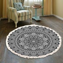 Rhafayre - Rug Living Room Round Hand Woven Cotton Rug Mandala Pattern Bohemian Vintage Style With Pompoms Machine Washable For Bedroom Hallway