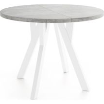 Runder Ausziehbarer Esstisch Im Loft-stil – Platzsparender Tisch Für Esszimmer – Mit Weißen Holzbeinen – Beton Grau – 80 Bis 160 Cm