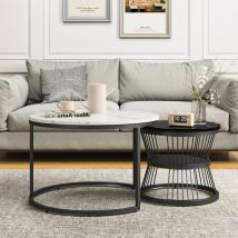 Runder Couchtisch, 2er-Set, Nesting-Couchtisch-Set, Beistelltisch für Wohnzimmer, Büro-Couchtisch, Metallrahmen, Schwarzer Rahmen