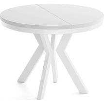 Runder Esstisch Ausziehbar 80-130 Cm – Verlängerbar, Für 4-6 Personen Mit Weißen Holzbeinen & Metallring – Wohnzimmertisch In Weiß