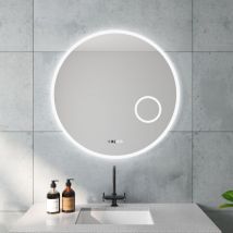 Aquabatos - Runder led Badspiegel 80cm Uhr Rundspiegel mit hinterleuchteter Beleuchtung und integrierten Kosmetikspiegel mit 3-facher Vergrößerung