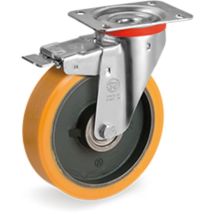 Ruota in poliuretano con nucleo in ghisa e freno anteriore – 100 x 38 mm – Durezza 92 Shore A – TELLURE