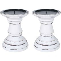 Topfurnishing - set of 2 Rustic Antique Carved Wooden Pillar Church Candle Holder [[White Light,Small 13cm] - White