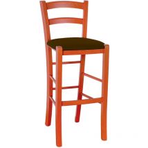 Okaffarefatto - Rustikaler hoher Hocker aus orangefarbenem Holz, h 73 cm, mit braunem Kunstledersitz