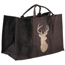 Sac à bûches marron en jute plastifiée avec cerf 30x60x40cm