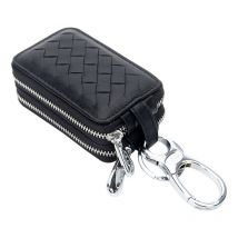 Sac à clés tissé de haute qualité avec fermeture éclair à double couche à la taille, sac à clés de voiture en cuir véritable de grande capacité
