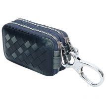 Sac à clés tissé de haute qualité avec fermeture éclair à double couche à la taille, sac à clés de voiture en cuir véritable de grande capacité