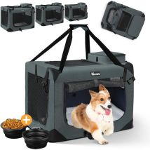 Sac de Transport pour Animal Chien Chat Pliable avec Gamelle,Caisse de Transport Respirant Portable,Bandoulière Réglable - 70x52x52cm - Gris l
