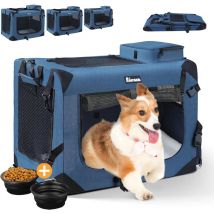 Sac de Transport pour Animal Chien Chat Pliable avec Gamelle,Caisse de Transport Respirant Portable,Bandoulière Réglable - 80x58x58cm - Bleu Foncé xl