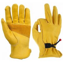 Lucky-88 - Safety Gardening Gloves with Work Grip, with Buckle and Wrist Adhesive Tape, 1 Pair in Cowhide Fiber-Yellow l