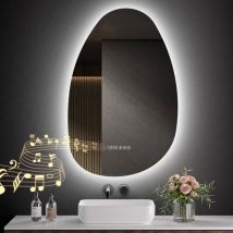 S'afielina - Badspiegel mit Beleuchtung Asymmetrisch 85 x 50 cm mit 3 Lichtfarben dimmbar, beschlagfrei, Bluetooth, Uhr, Temperatur, Speicherfunktion