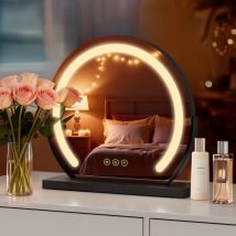 S'afielina - Miroir de maquillage rond avec éclairage led et interrupteur tactile, 3 couleurs de lumière, fonction mémoire, cadre noir, Φ40cm
