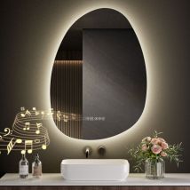 S'afielina - Miroir de Salle de Bain avec Éclairage Asymétrique 85 x 50 cm, 3 Couleurs de Lumière Réglables, Antibuée, Bluetooth, Horloge, Température