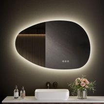 S'afielina - Miroir lumineux de salle de bain avec interrupteur tactile, 3 couleurs de lumière et luminosité réglable, anti-buée - asymétrique 85×50cm