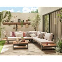 Salome - gartenmöbel set für 5 personen + tisch - modular - holz, metall und beigefarbene kissen - schwarz, holz und beige