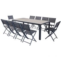 Lagos - Ensemble table aluminium effet bois et 10 chaises