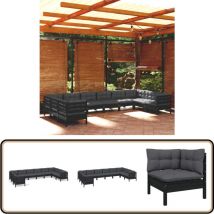 Salon de jardin 10 pcs avec coussins Noir Bois de pin - Ensemble Salon De Jardin - Mobilier De Jardin - Salon De Patio - Meubles De Jardin - Bois De