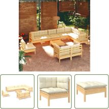Inlife Salon de jardin 11 pcs avec coussins crème Bois de pin solide