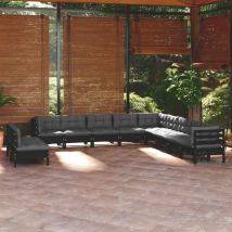 Inlife Salon de jardin 11 pcs avec coussins Noir Bois de pin solide