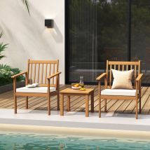 Design In - Salon de Jardin 3PCS Bois d'Acacia Coussins Doux Table et 2 Chaises Naturel CW42662