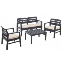 Kz Garden - Salon de jardin 4 pièces Anthracite Canapé 2 places + 2 fauteuils + Table basse + 3 Coussins écru
