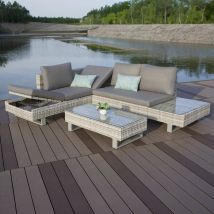 Salon de Jardin 5 Personnes Gris - Salon de Jardin avec Transat Réglable - Salon de Jardin en Résine Tressé avec Plateau en Verre